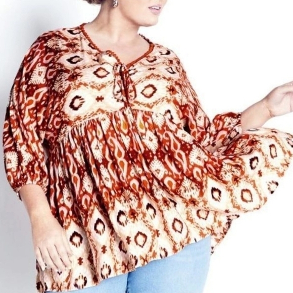 NWOT AVENUE 22/24 Peach Geometric V Neck Peep Hole Baby Doll Midi Blouse Boho - Picture 1 of 11